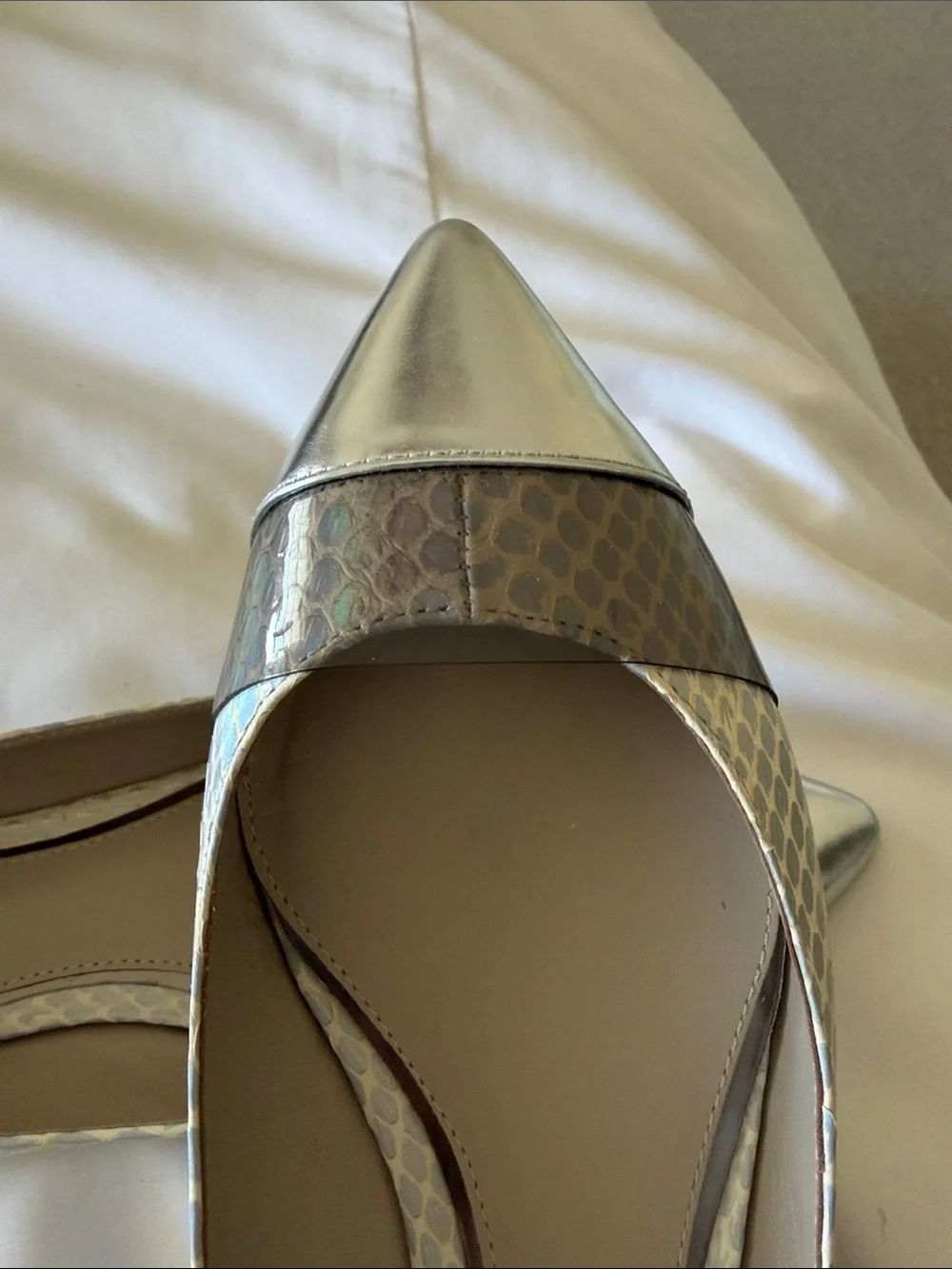 Elie Tahari Silver Pointed Flats with Snake-Print Band